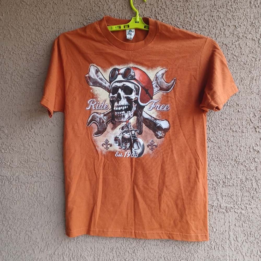 Vintage Ride Free Skull Men's Biker Shirt Orange L